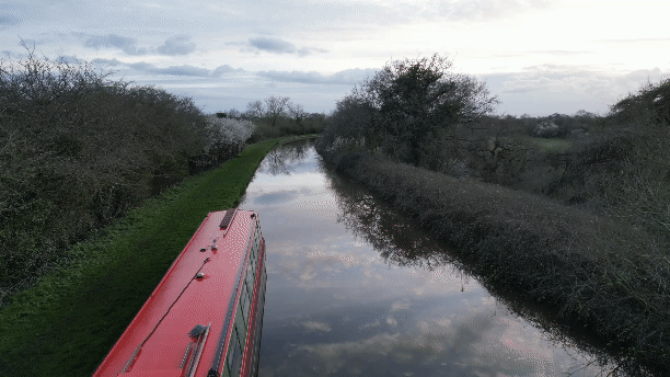 Drone footage of a narrowboat on the Shropshire Union Canal