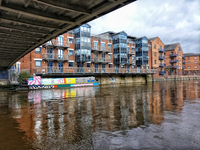 Colourful boat moored in Leeds City Center