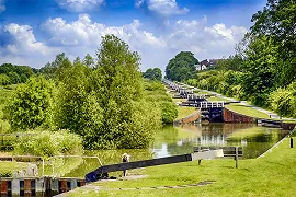 Caen Hill Lock Flight from below showing the impressive climb holiday boaters would need to do, a wonder of the waterways.