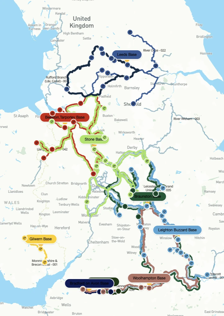 A map of our canal boat hire routes, in the UK: Yorkshire, Cheshire, Staffordshire, Wiltshire and so on