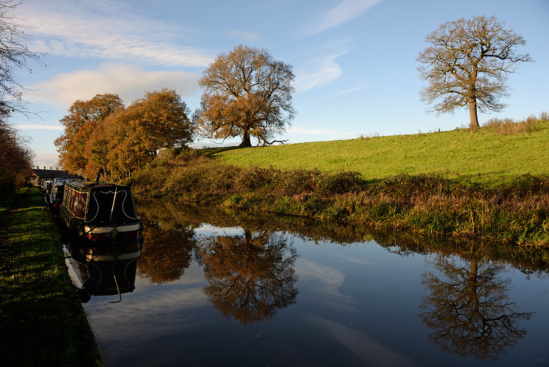 View of a narrowboat on the Shropshire Union Canal from the viewpoint of the Chester City Walls