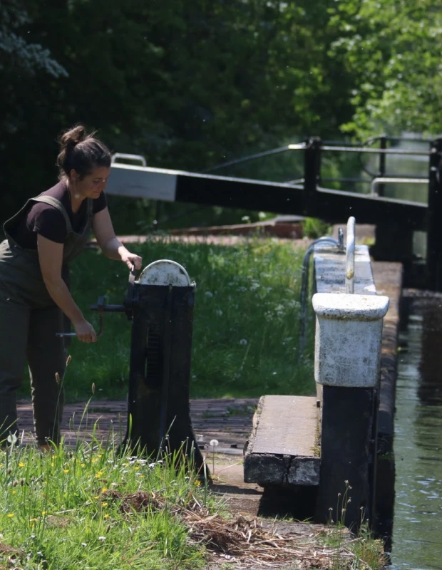 Sabrina working a canal lock getting it ready for our narrowboat to use on the Montgomery Canal in North Wales